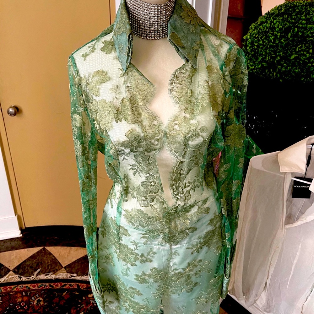 Dolce & Gabbana Green lace and gold lamé blouse